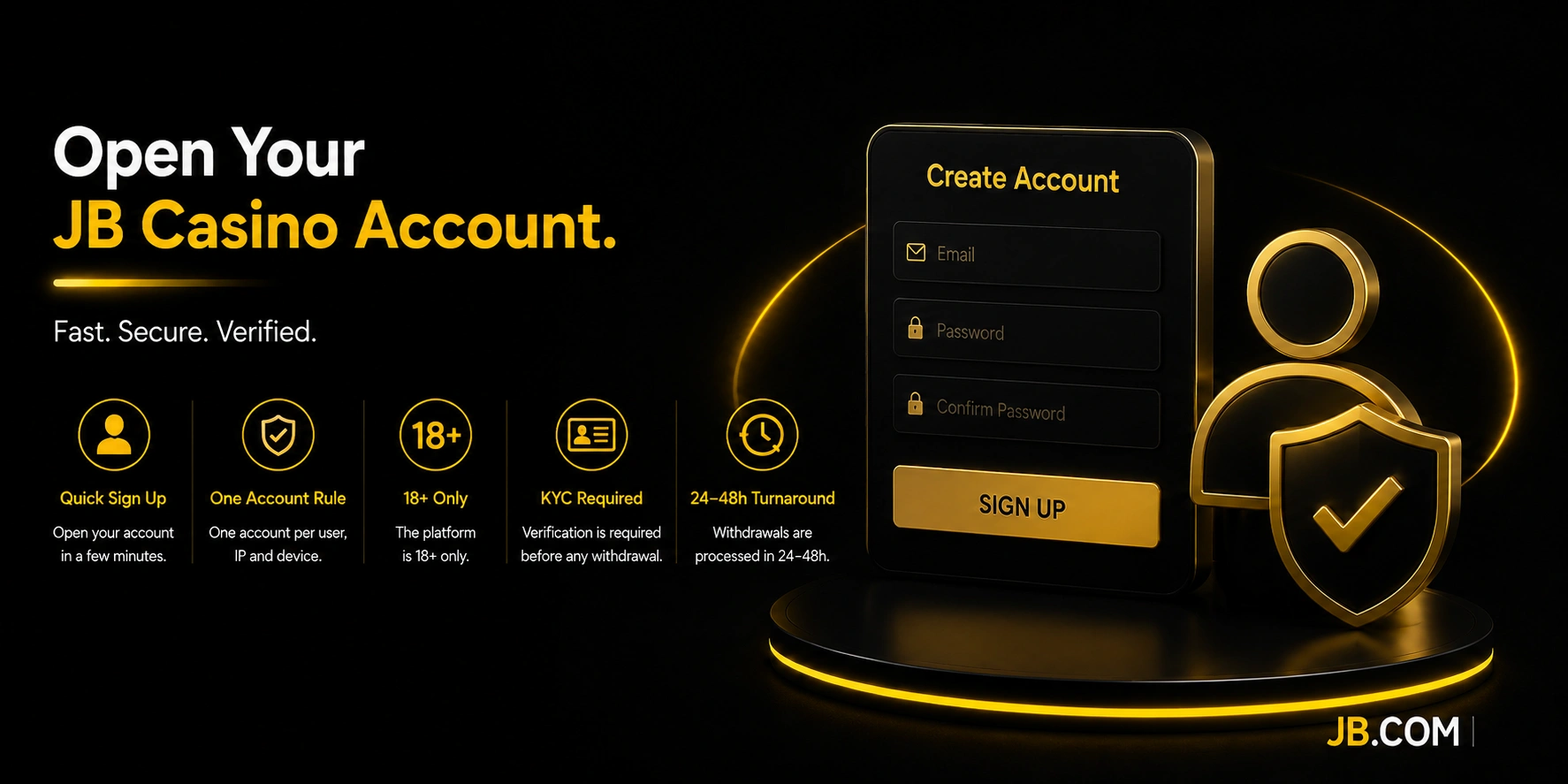 JB Casino account signup form with KYC shield and 18+ rule